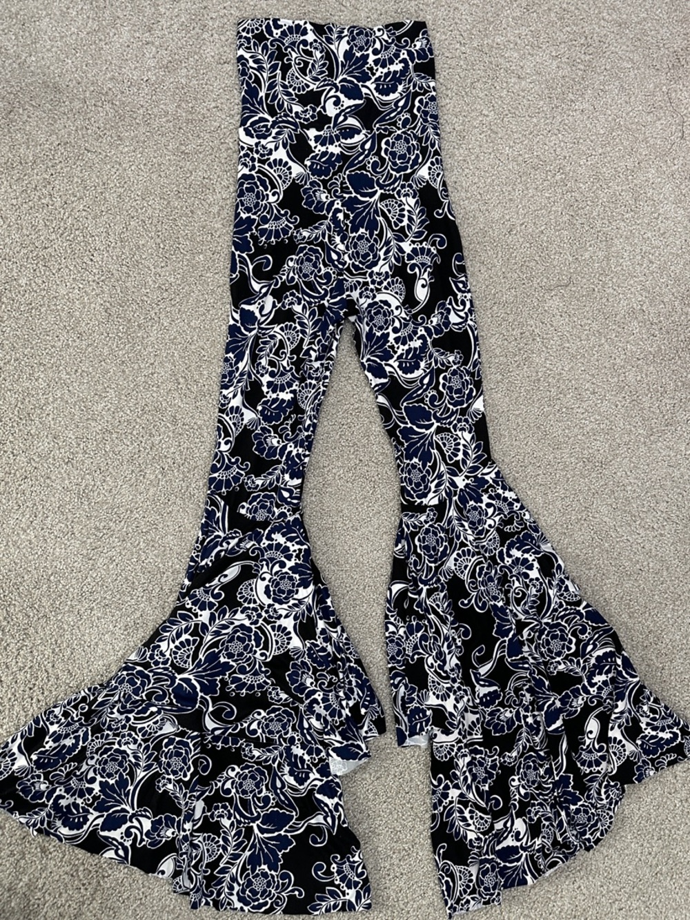 Girls Navy & White Floral Flared Bell-Bottom Leggings